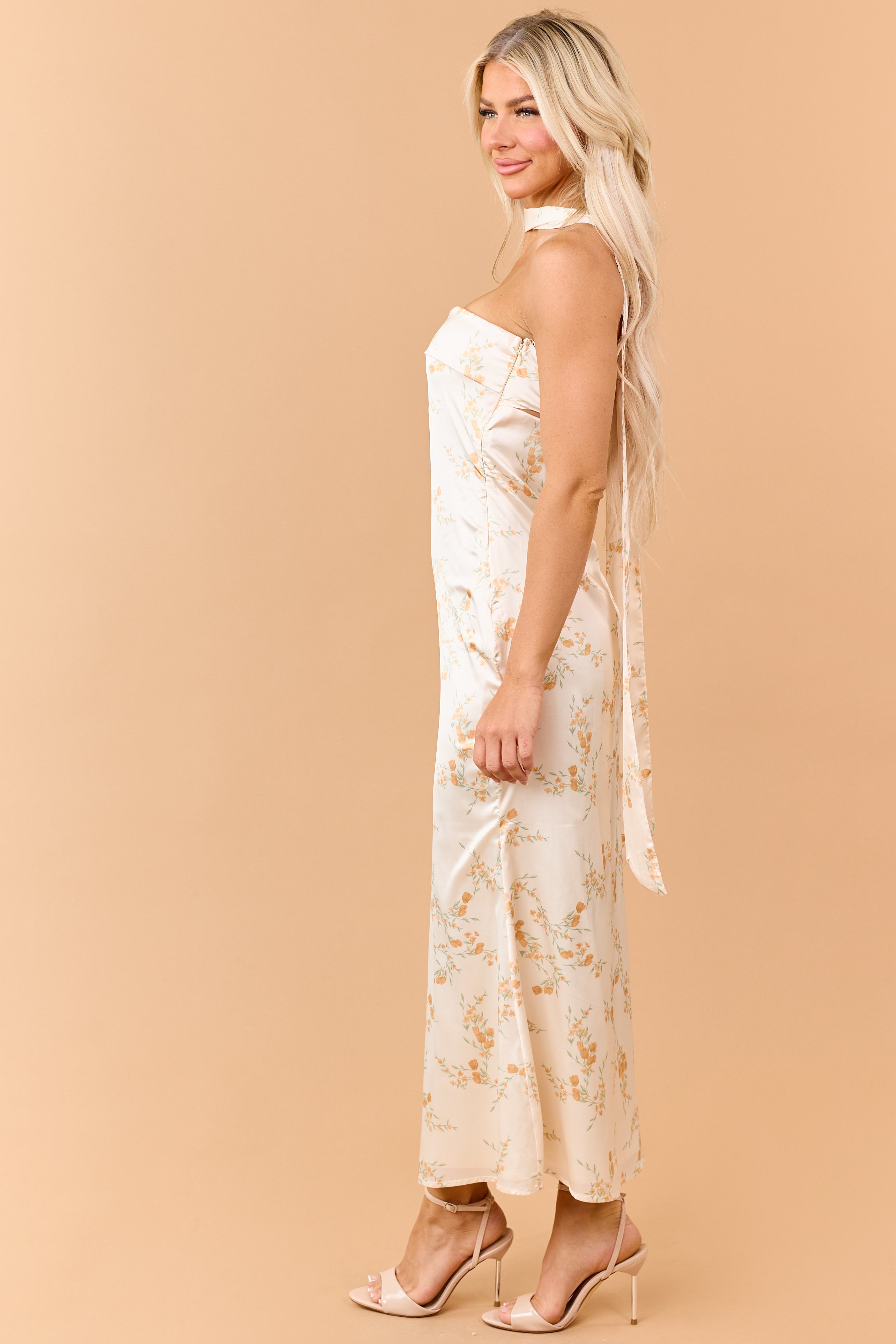 Sunrise Floral Print Satin Maxi Dress with Scarf