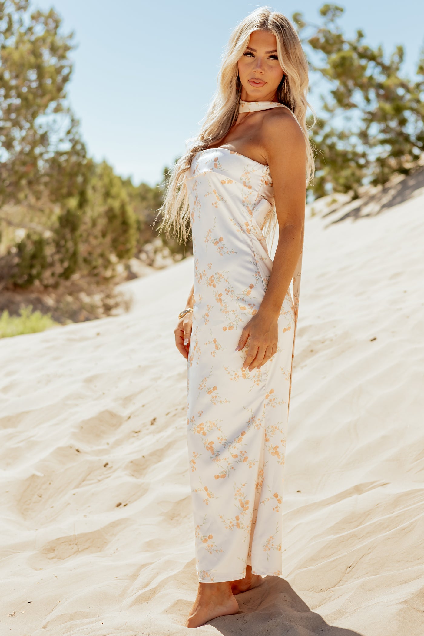 Sunrise Floral Print Satin Maxi Dress with Scarf
