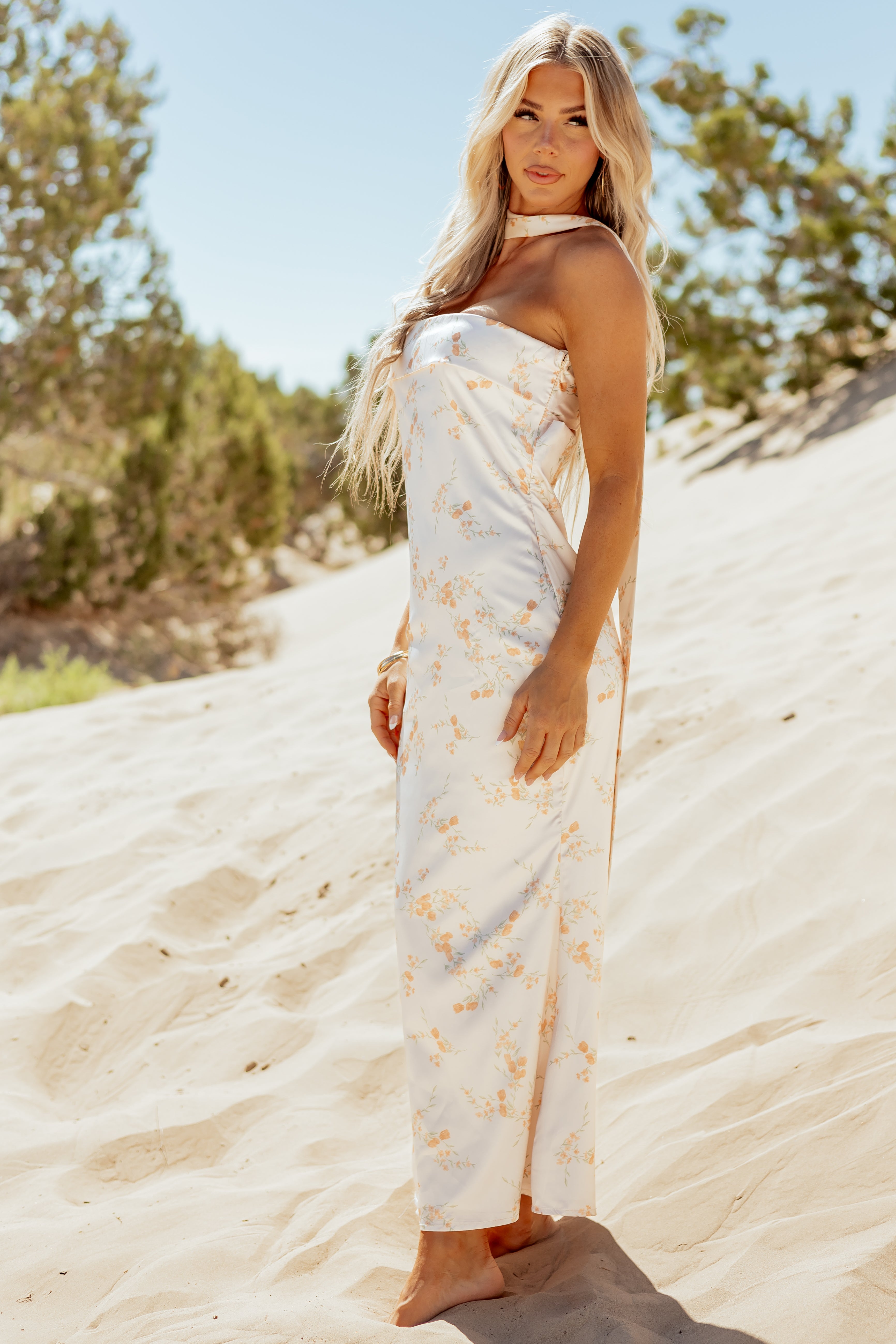 Sunrise Floral Print Satin Maxi Dress with Scarf