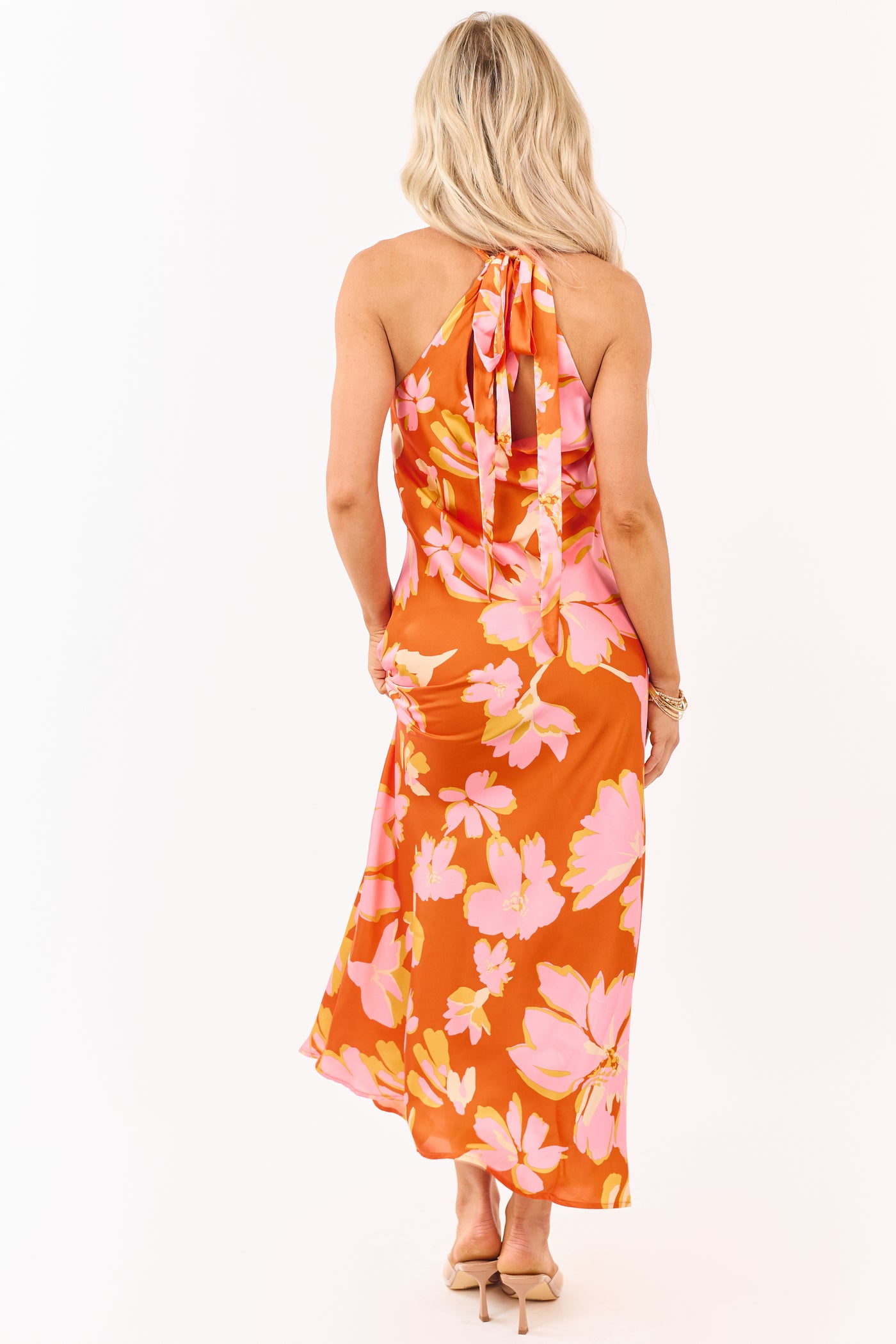 Sunset Floral Print Satin V-Neck Maxi Dress