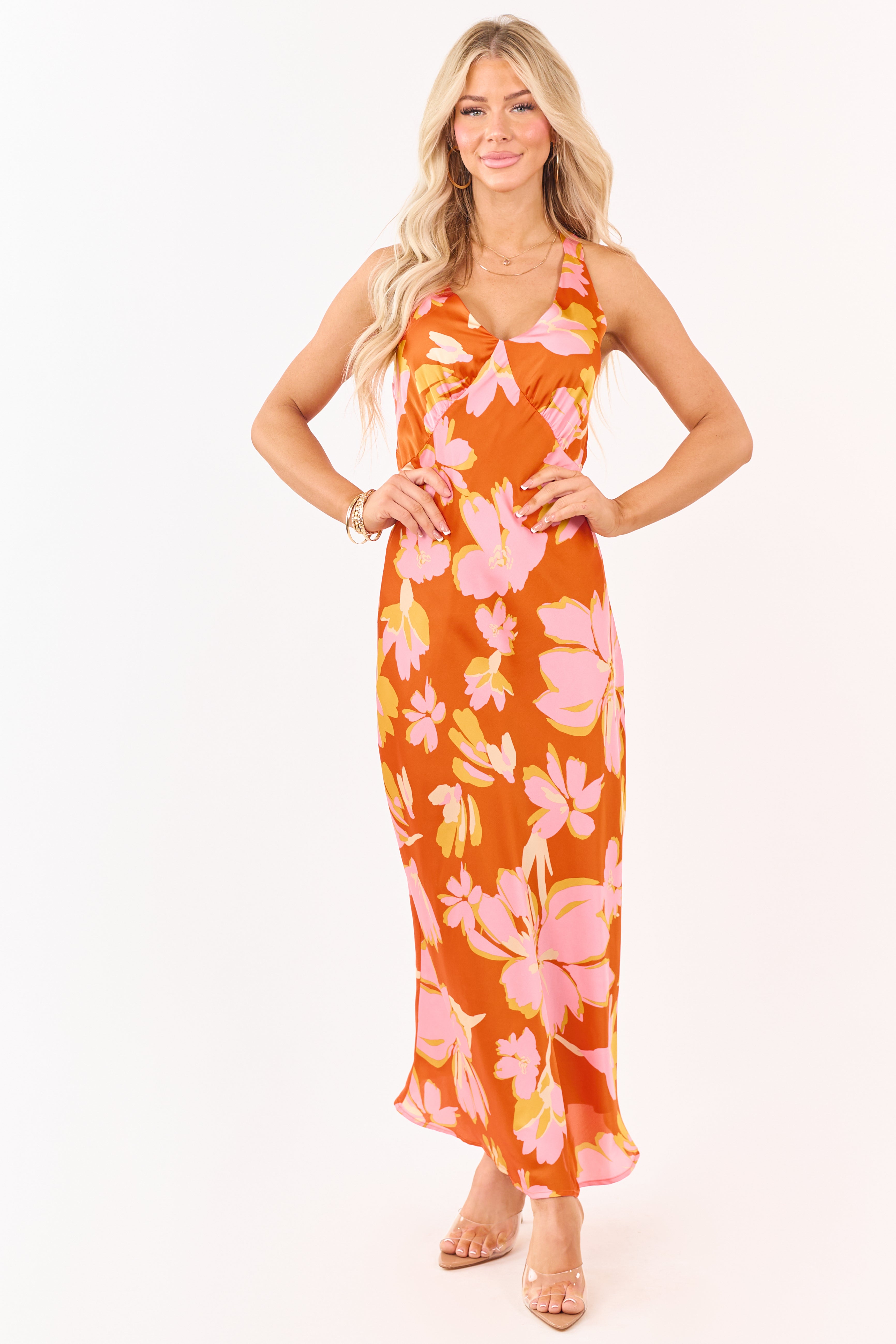 Sunset Floral Print Satin V-Neck Maxi Dress