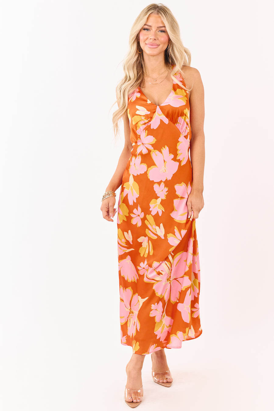 Sunset Floral Print Satin V-Neck Maxi Dress