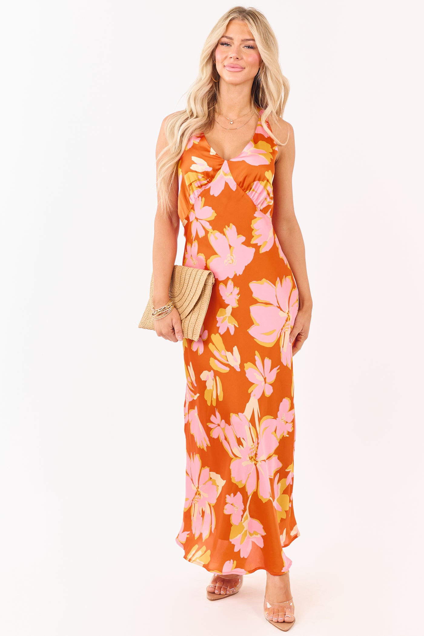 Sunset Floral Print Satin V-Neck Maxi Dress