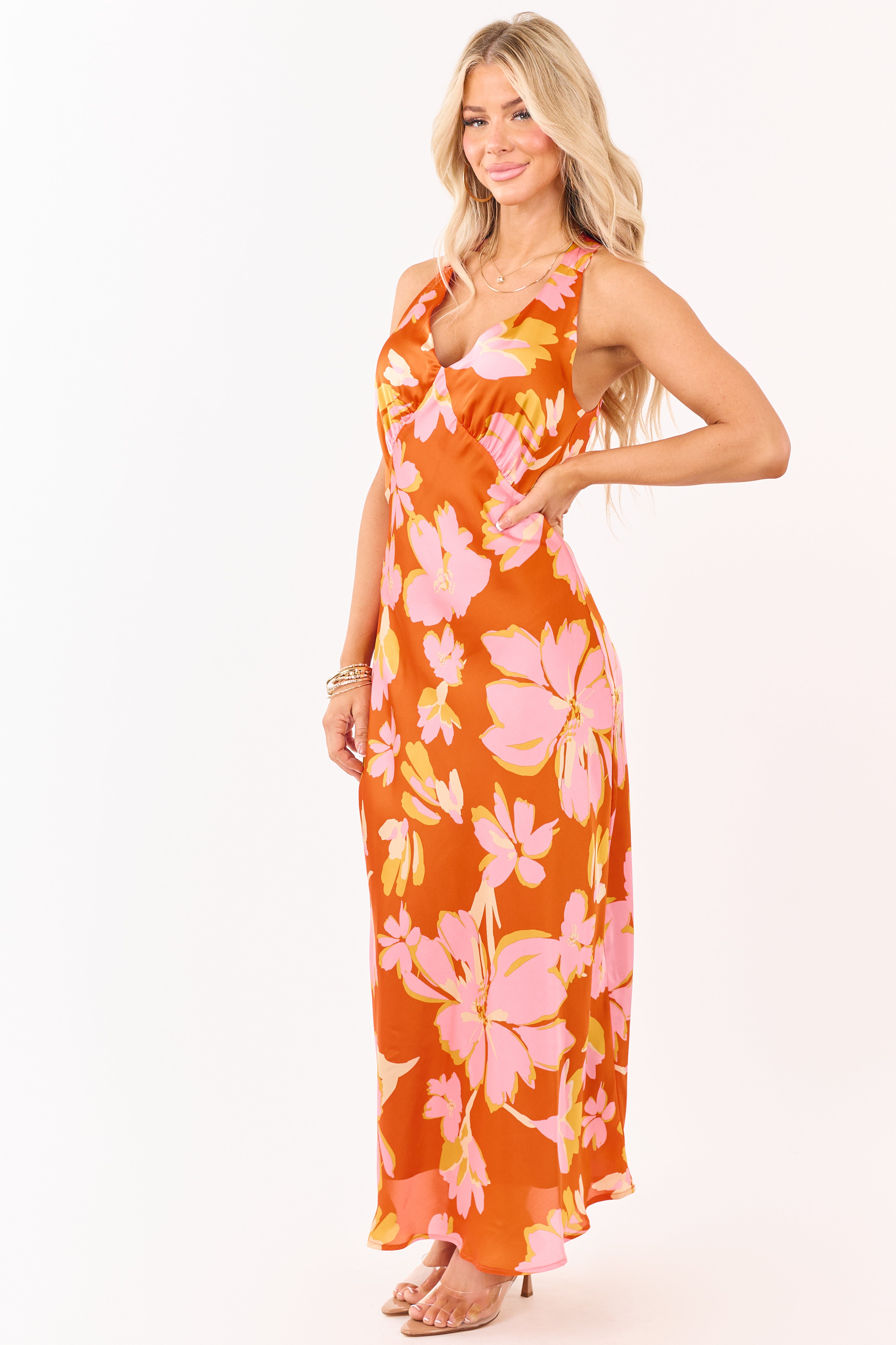 Sunset Floral Print Satin V-Neck Maxi Dress