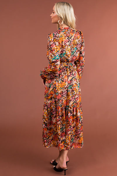 Sunset Floral Ruffle Tie Neckline Midi Dress
