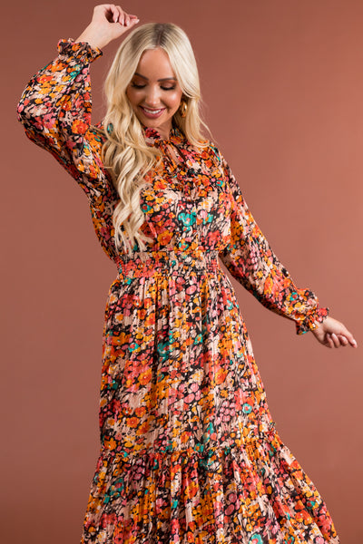 Sunset Floral Ruffle Tie Neckline Midi Dress