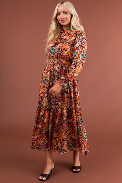 Sunset Floral Ruffle Tie Neckline Midi Dress