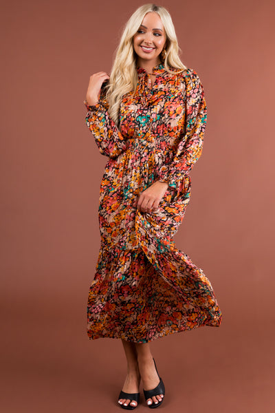 Sunset Floral Ruffle Tie Neckline Midi Dress