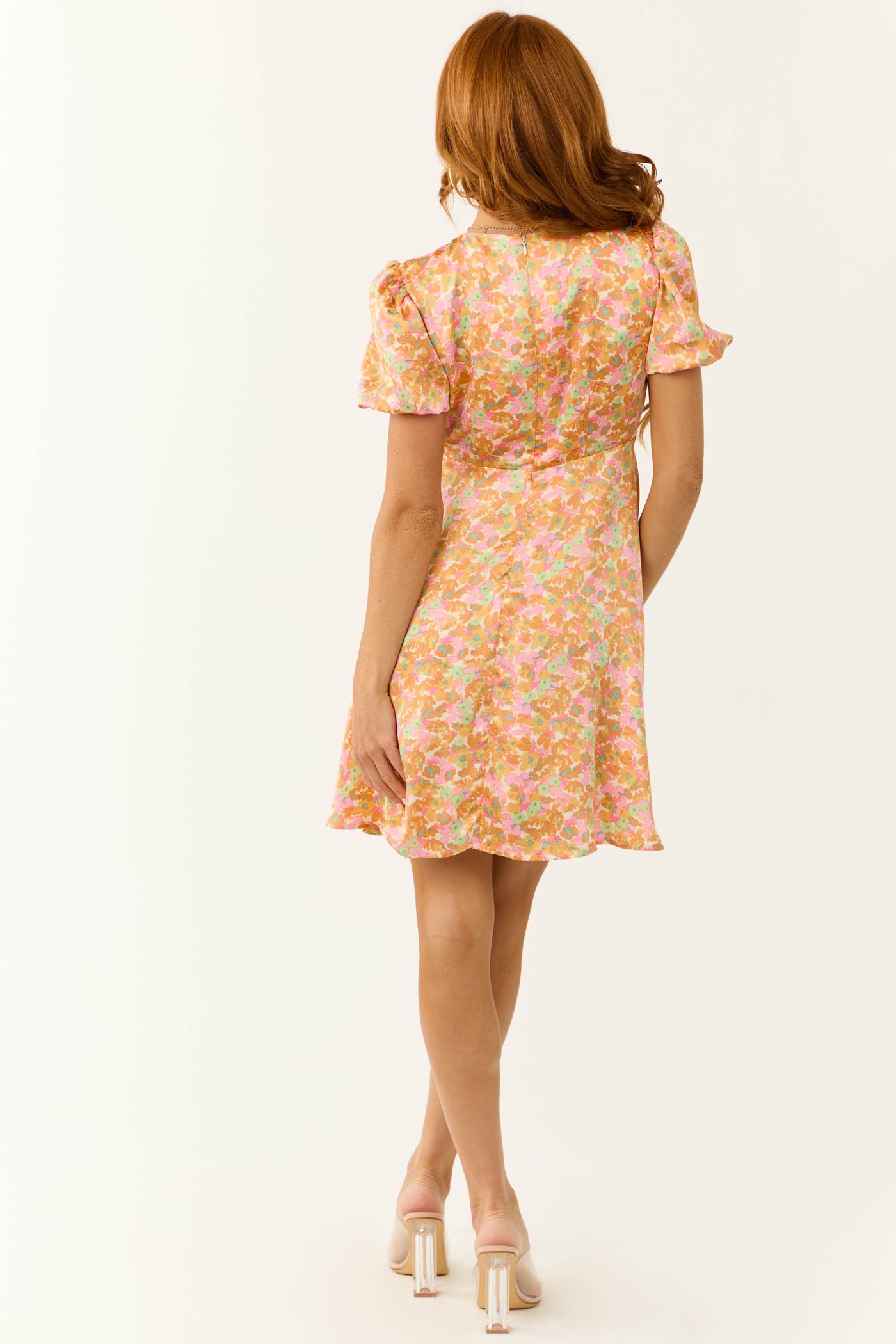 Sunset Flower Print Empire Waist Satin Short Dress Sunset Flower Print Empire Waist Satin Short Dress