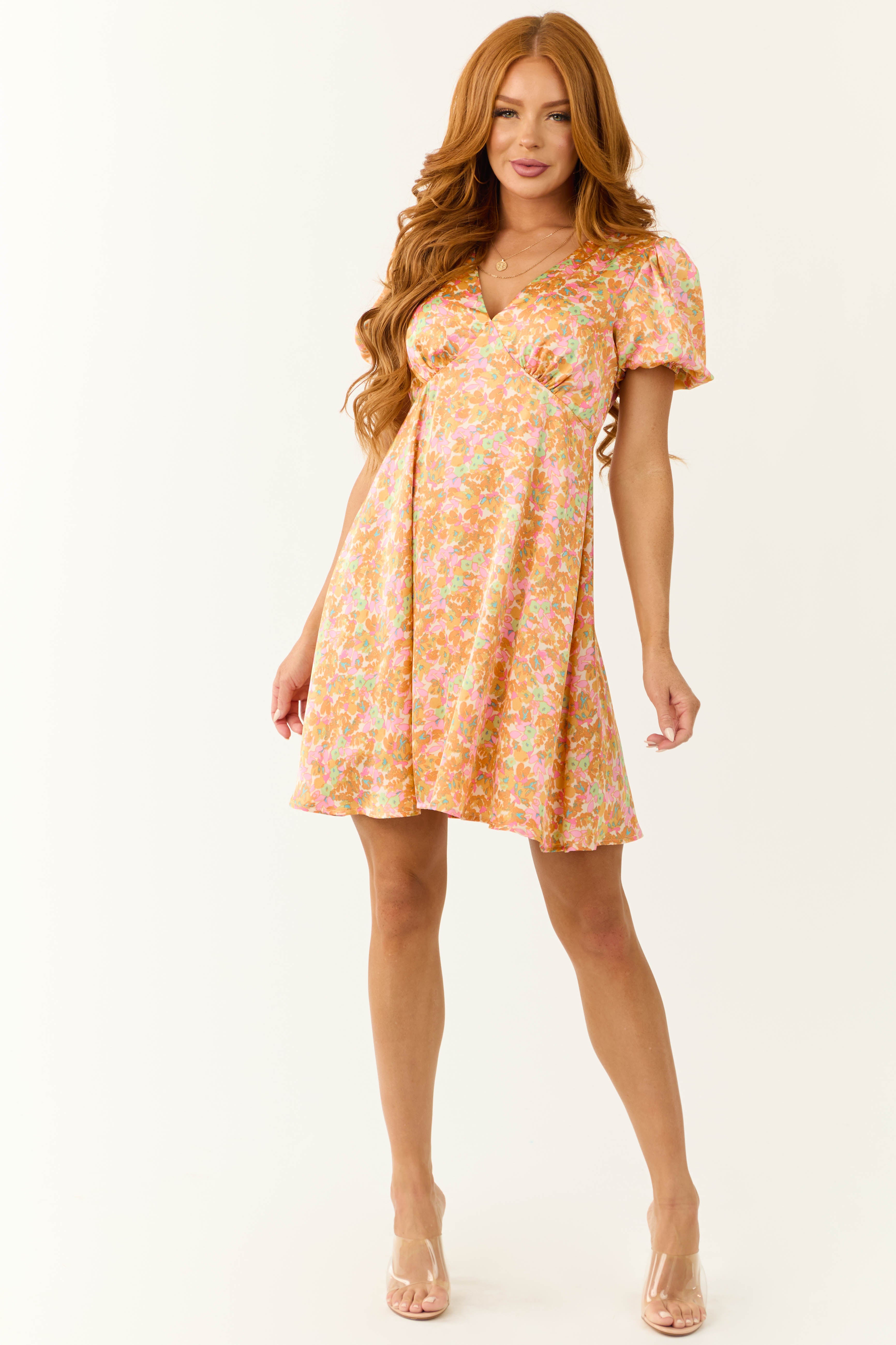 Sunset Flower Print Empire Waist Satin Short Dress | Lime