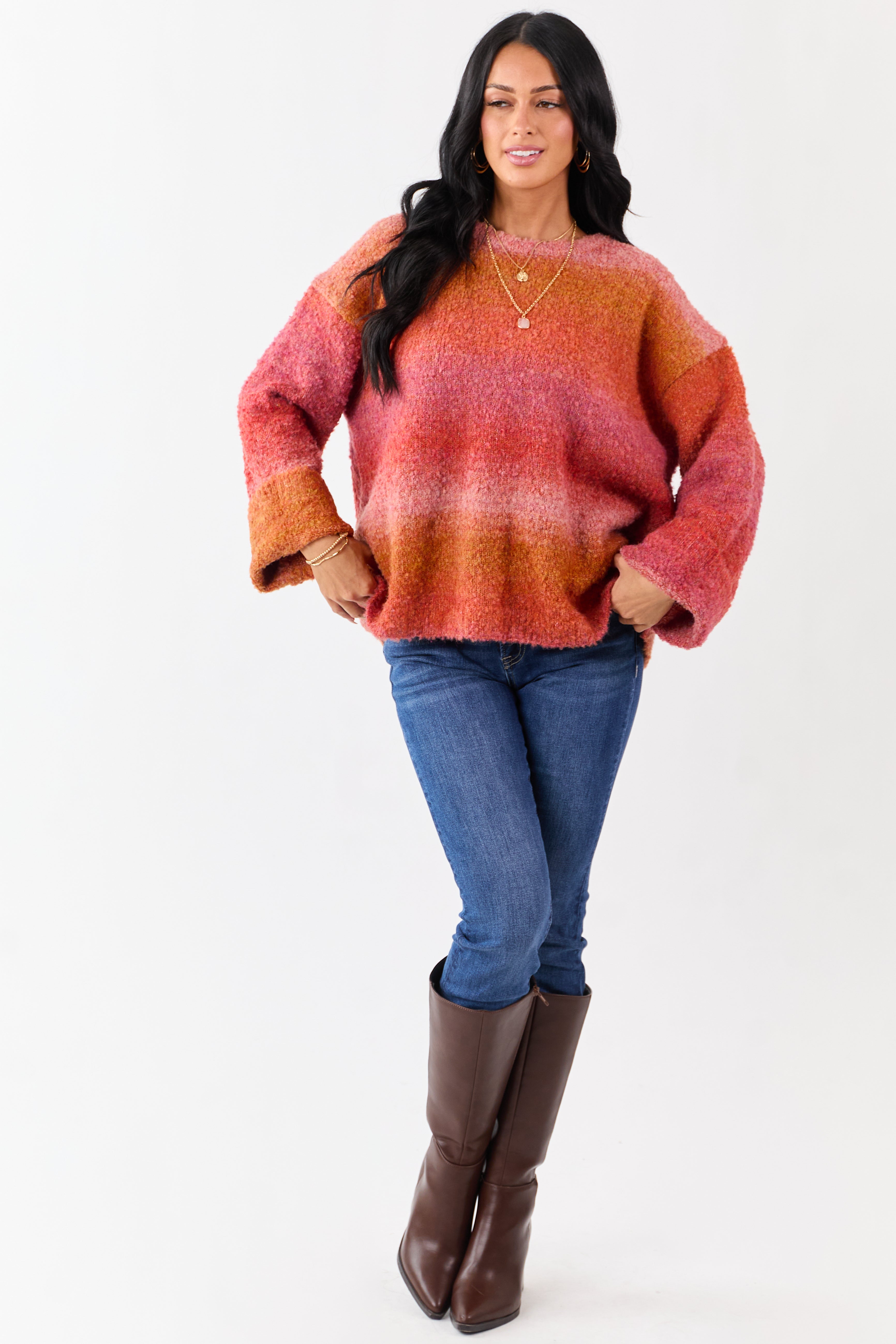 Sunset Ombre Wool Blend Fuzzy Knit Sweater