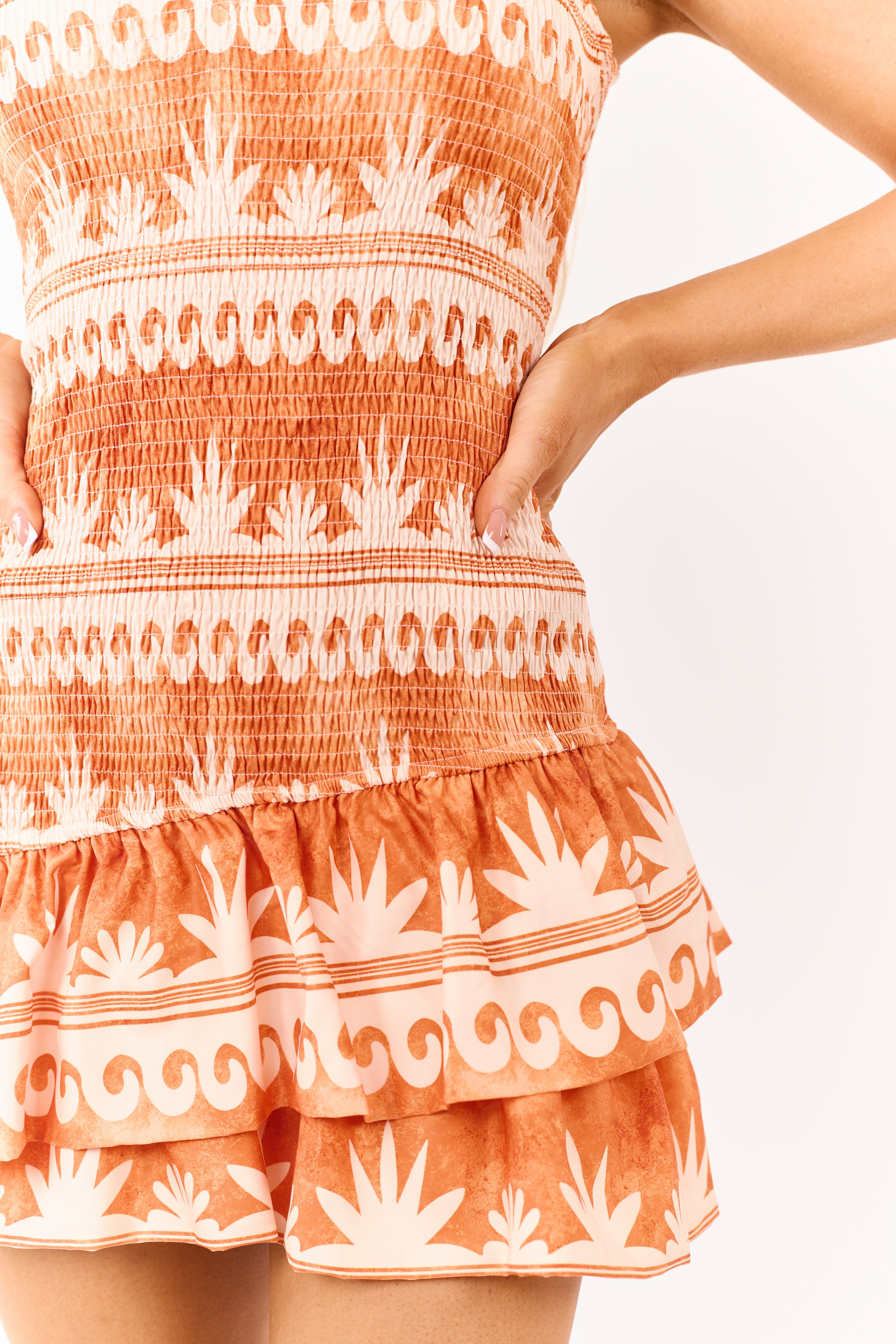 Sunset Smocked Tropical Print Halter Mini Dress