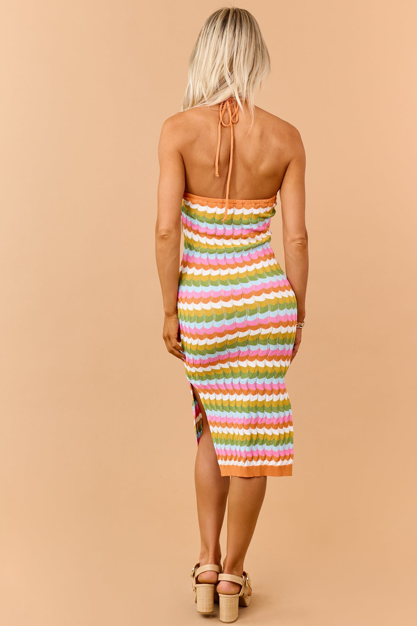 Sunset Wavy Striped Knit Halter Neck Midi Dress
