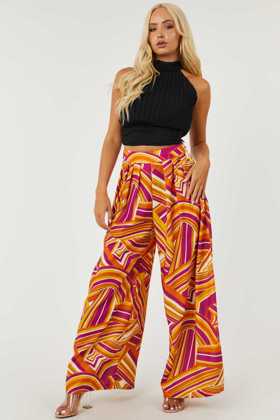 Sunset and Plum Abstract Print Flare Pants