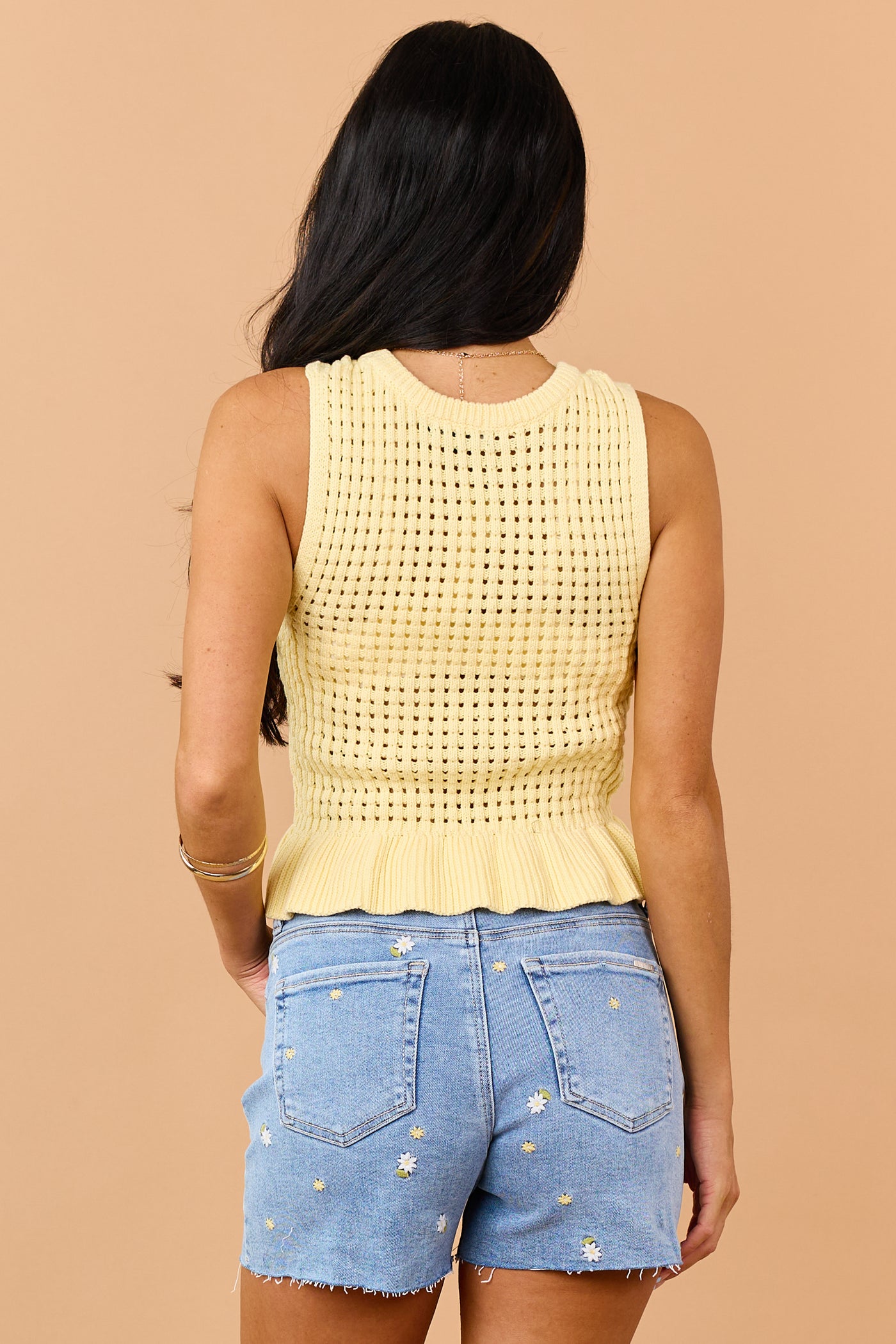 Sunshine Cotton Open Knit Ruffle Hem Tank Top