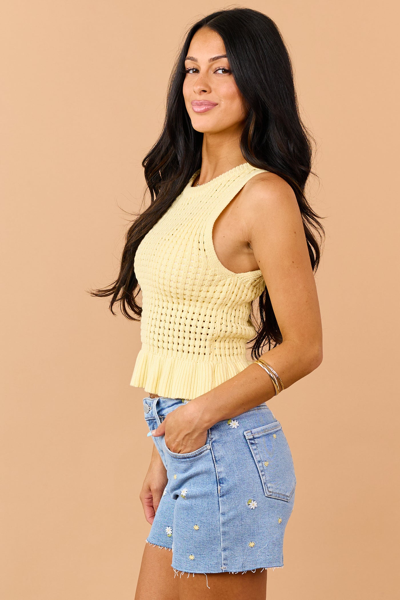 Sunshine Cotton Open Knit Ruffle Hem Tank Top