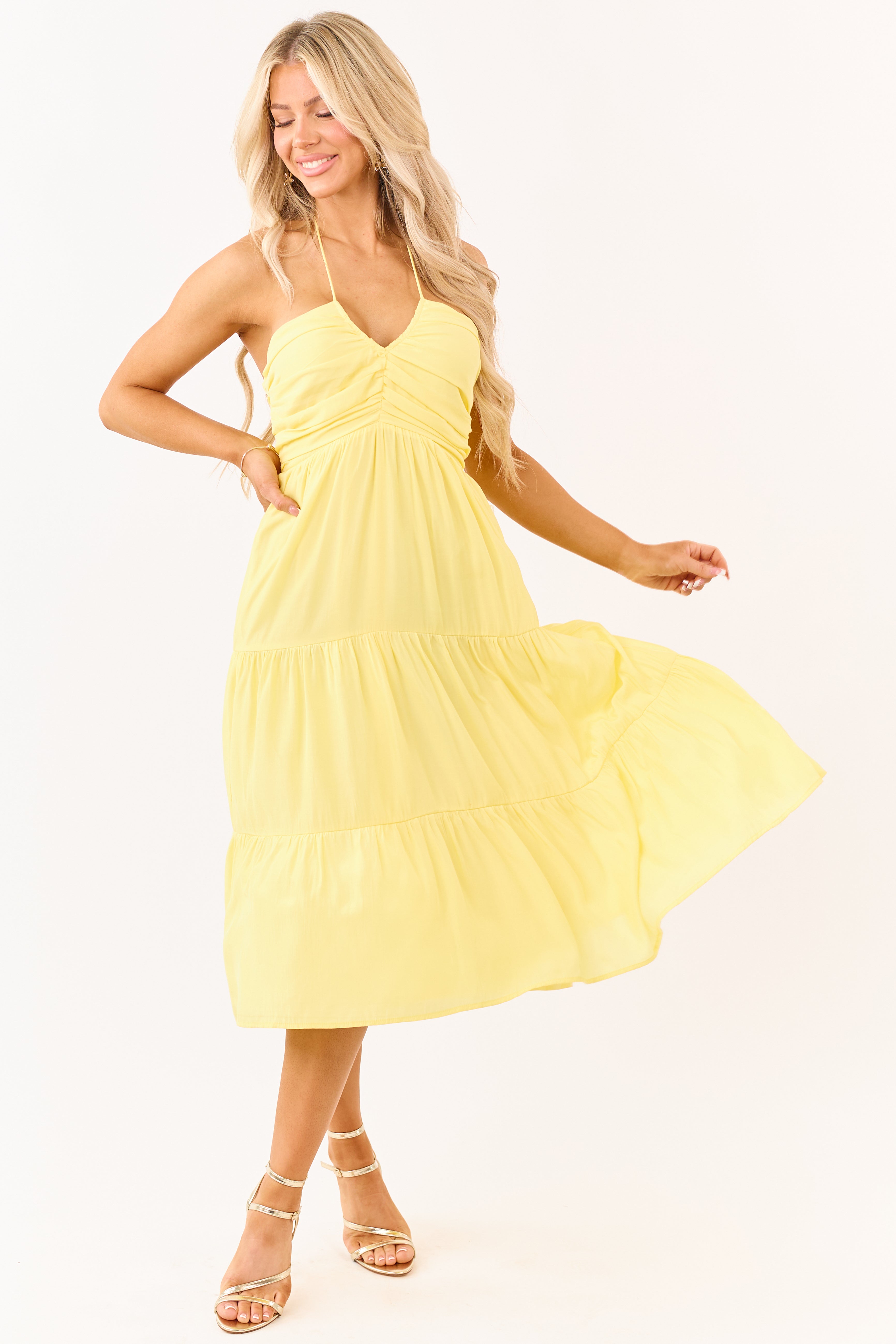 Sunshine Halter Neck Tie Ruched Tiered Midi Dress