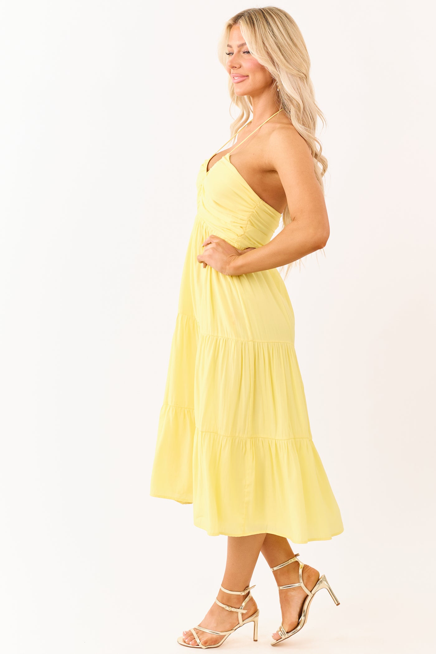 Sunshine Halter Neck Tie Ruched Tiered Midi Dress