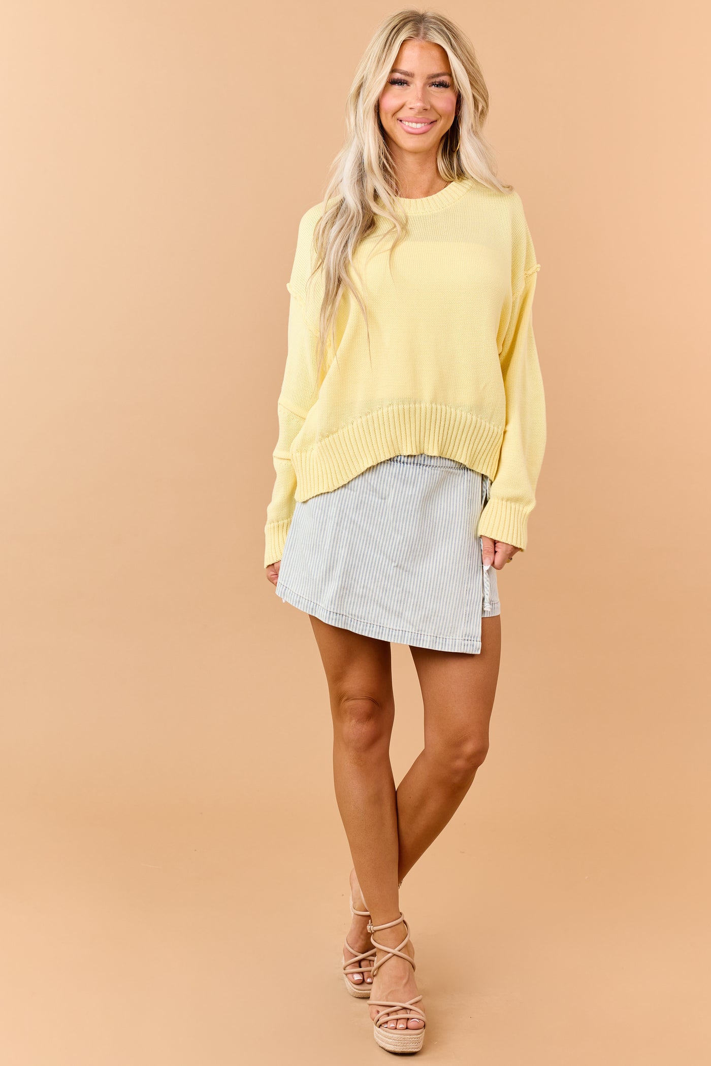 Sunshine Rib Knit Exposed Seam Long Sleeve Sweater
