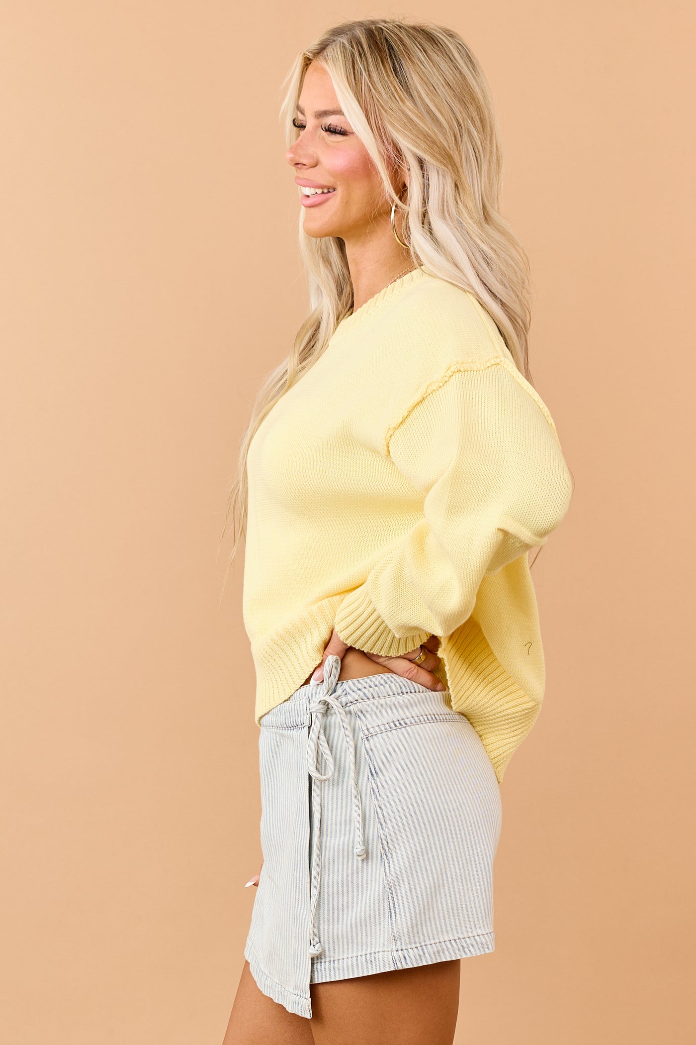 Sunshine Rib Knit Exposed Seam Long Sleeve Sweater