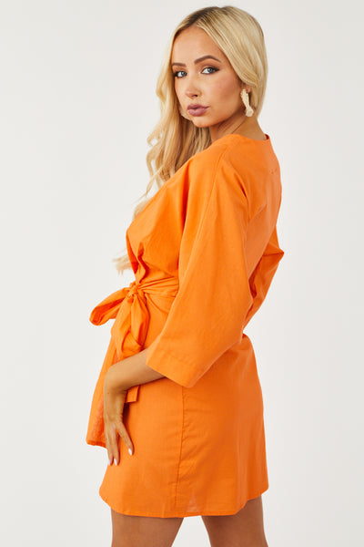 Tangerine 3/4 Kimono Sleeve Short Wrap Dress