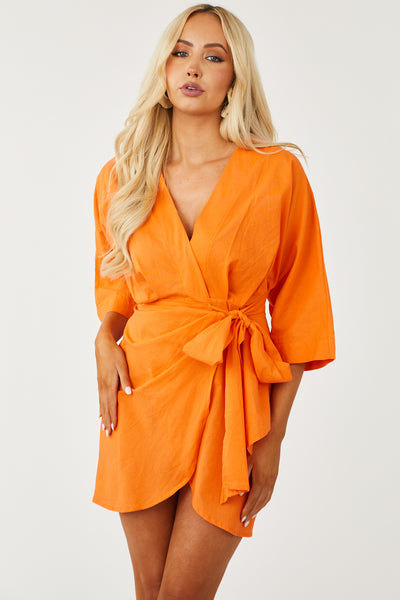 Tangerine 3/4 Kimono Sleeve Short Wrap Dress