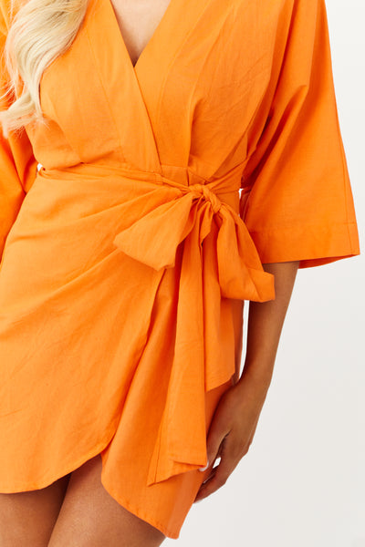 Tangerine 3/4 Kimono Sleeve Short Wrap Dress
