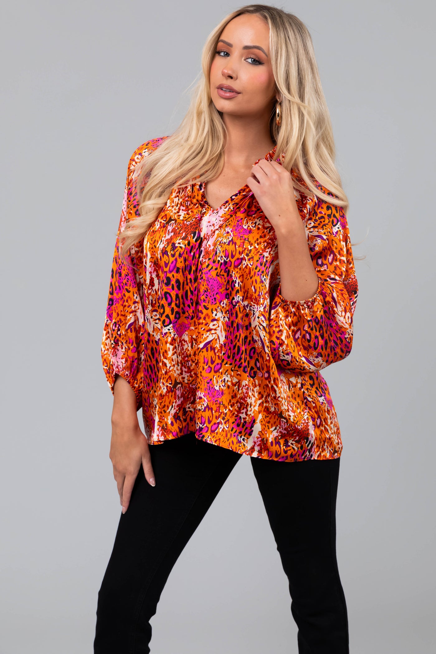 Tangerine Abstract Animal Print 3/4 Sleeve Top