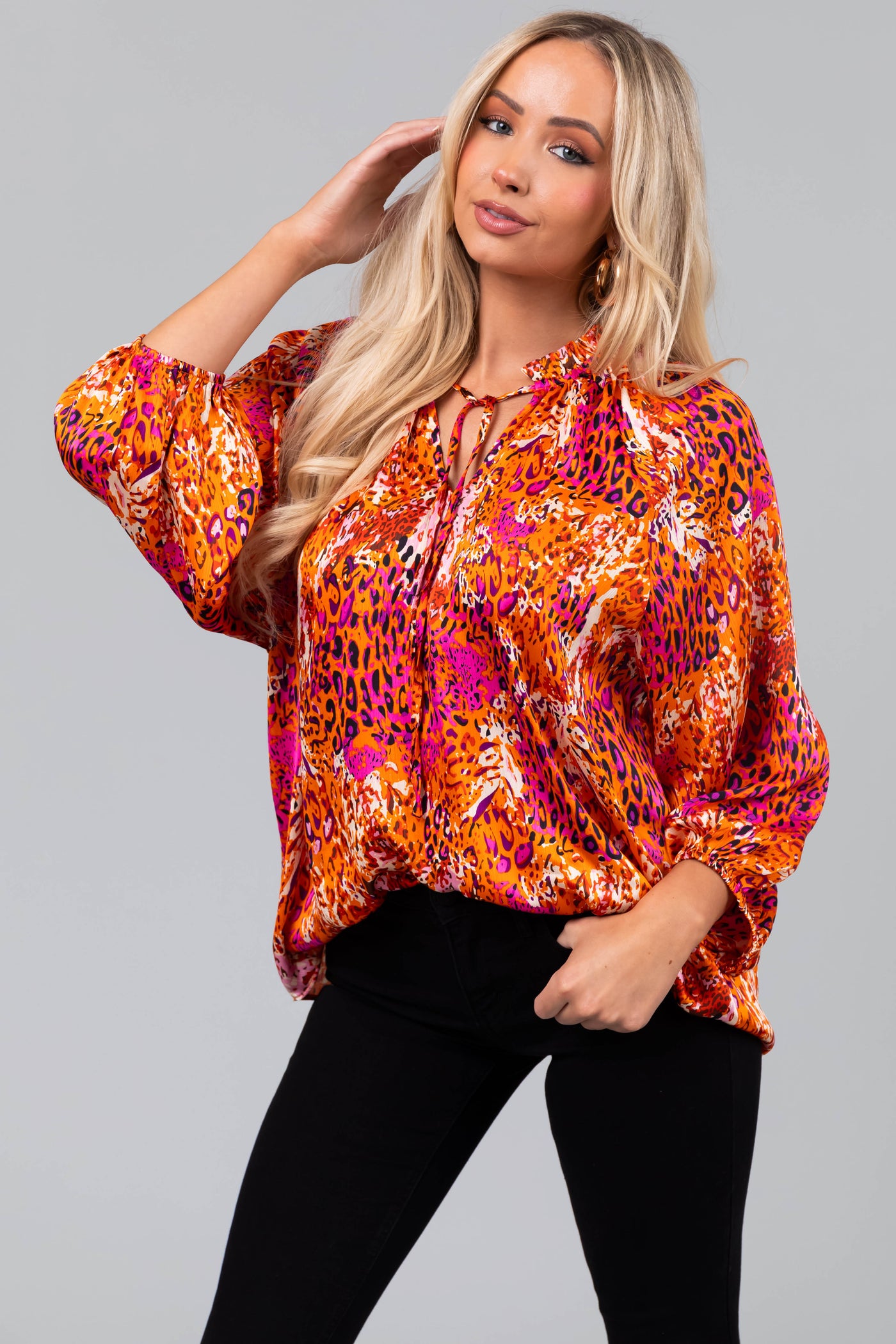 Tangerine Abstract Animal Print 3/4 Sleeve Top