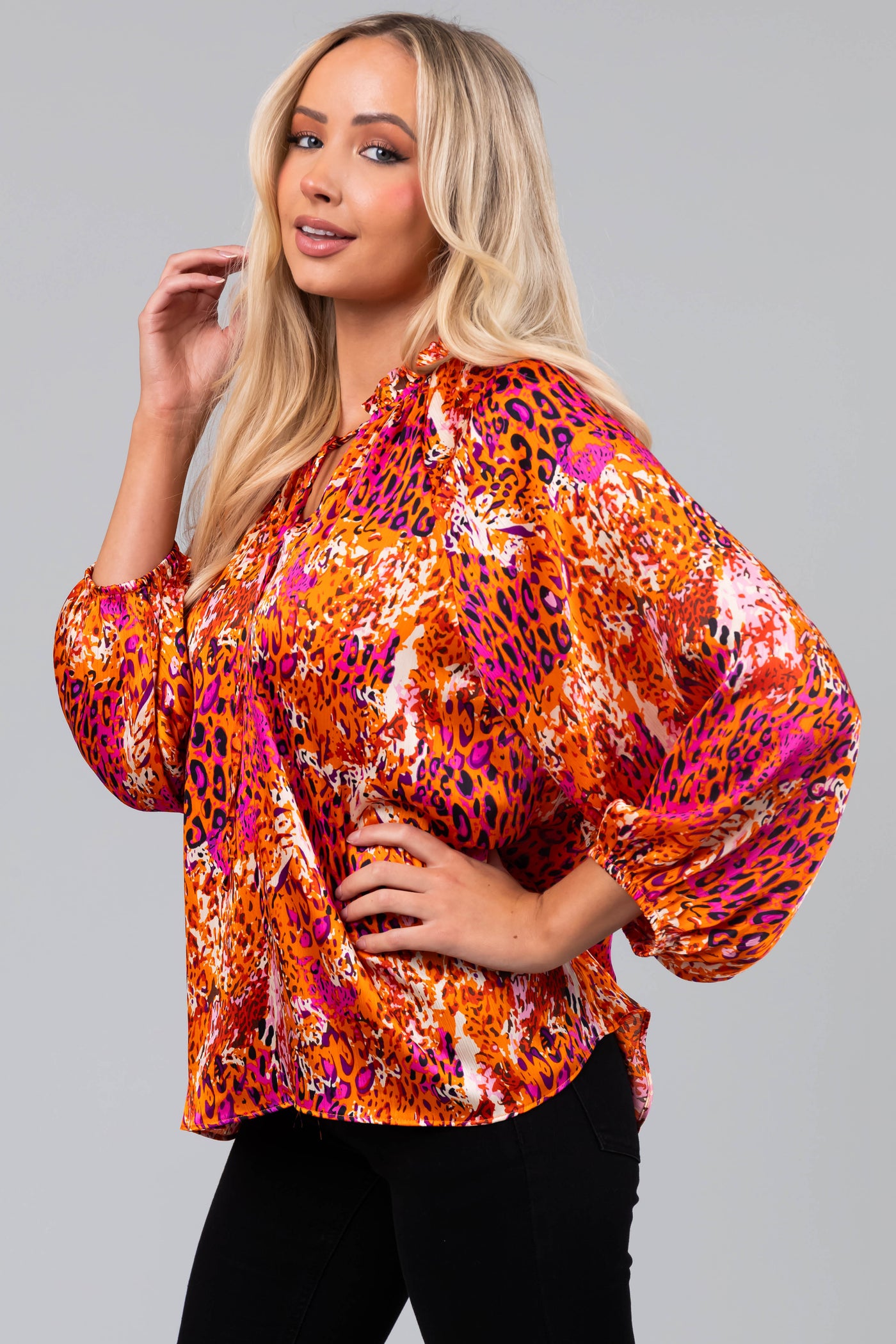 Tangerine Abstract Animal Print 3/4 Sleeve Top