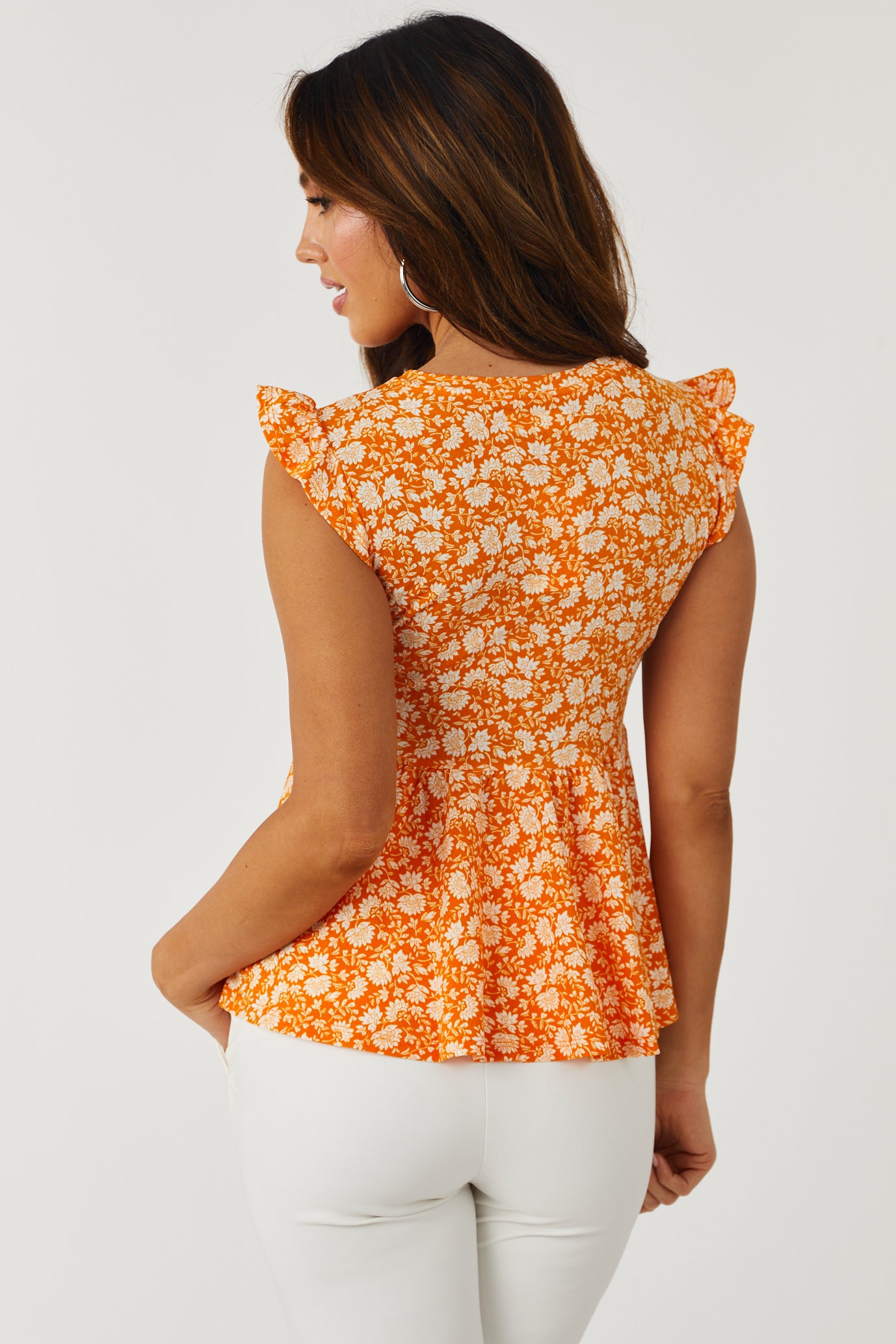 Active Basic Tangerine Floral Print Cap Sleeve Peplum Top Size L