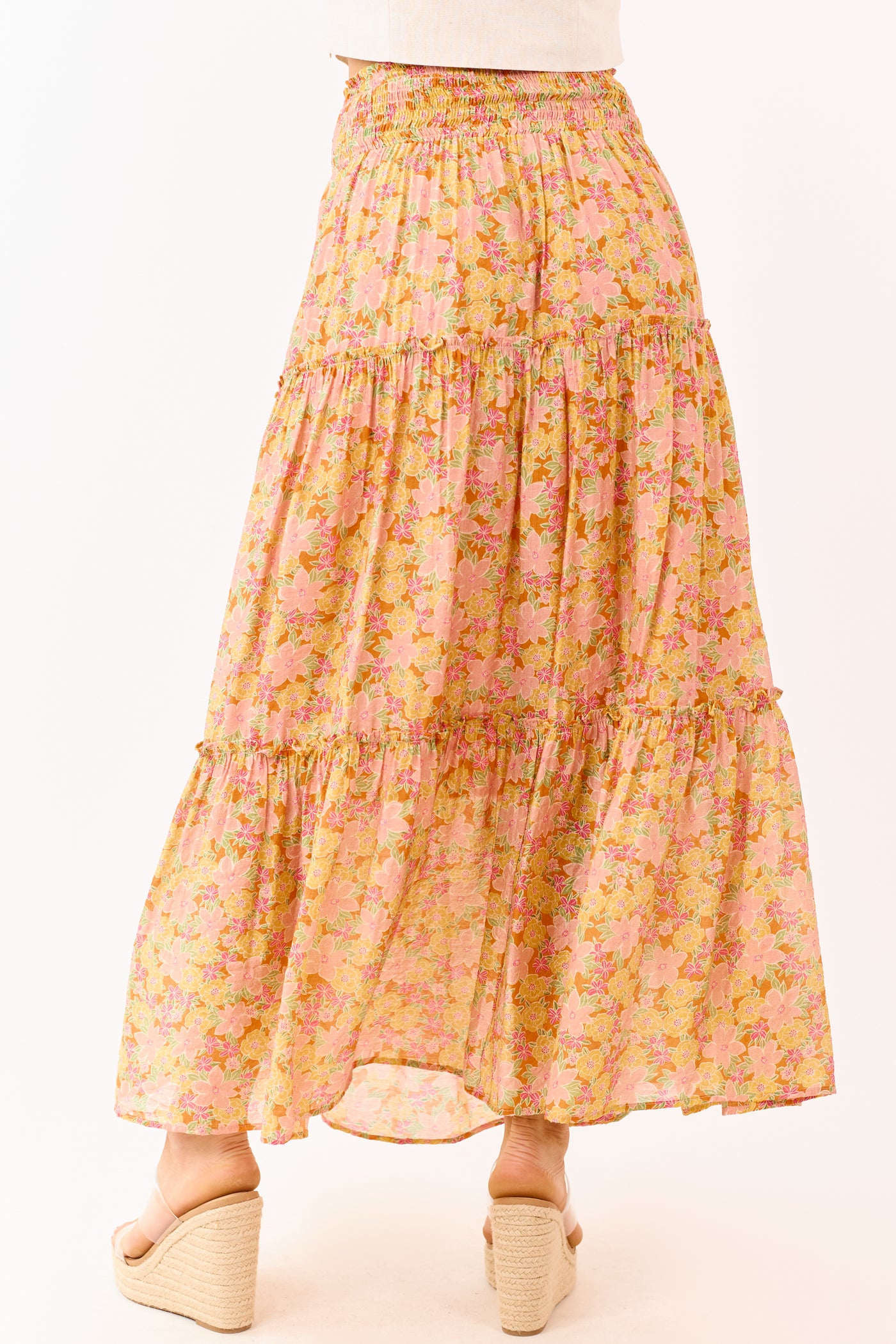 Tangerine Floral Print Tiered Maxi Skirt