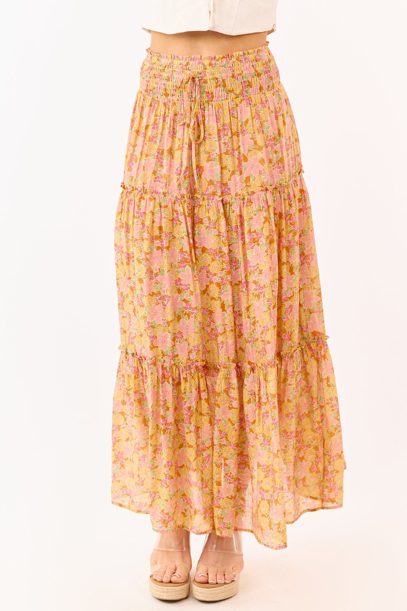 Tangerine Floral Print Tiered Maxi Skirt