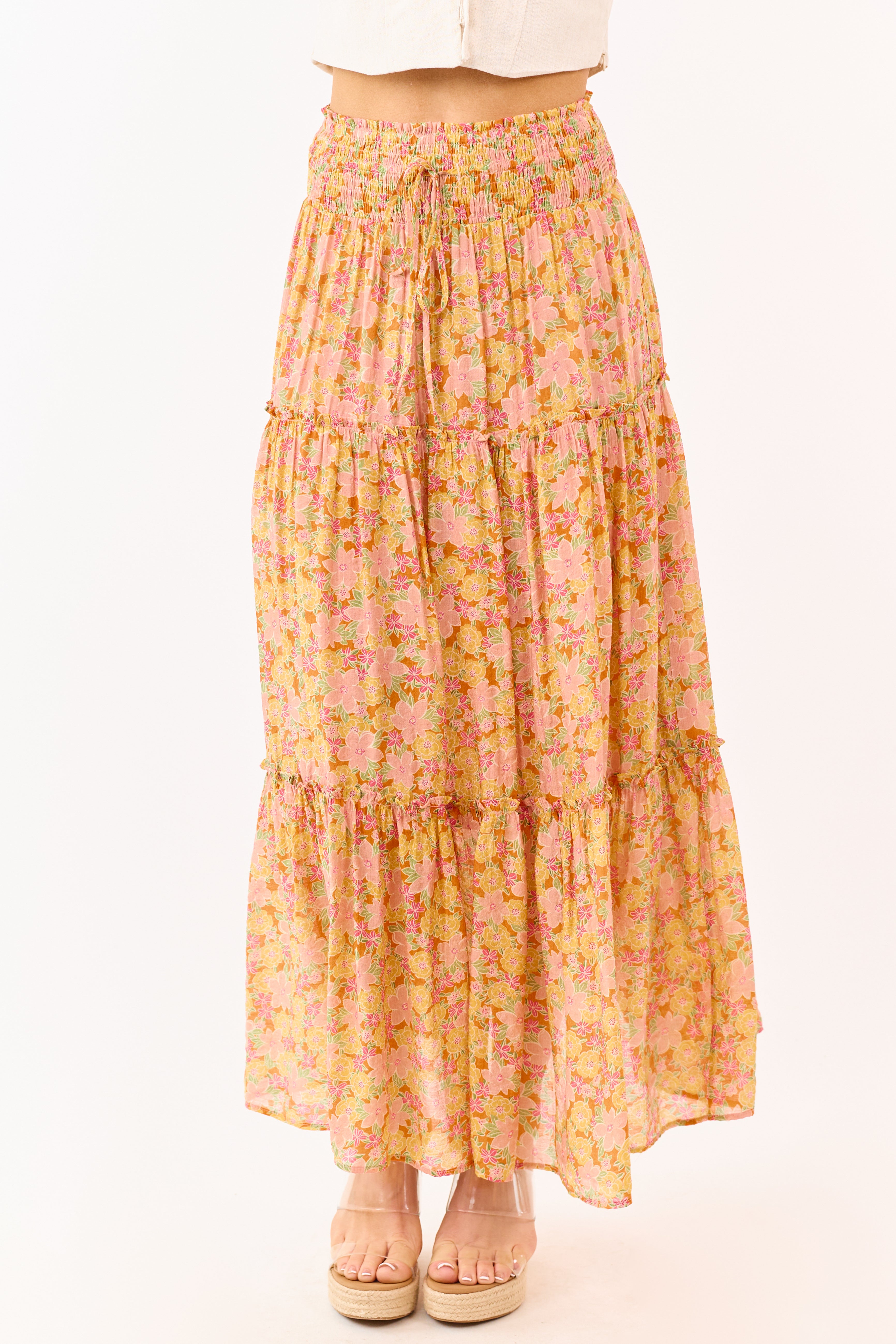 Tangerine Floral Print Tiered Maxi Skirt
