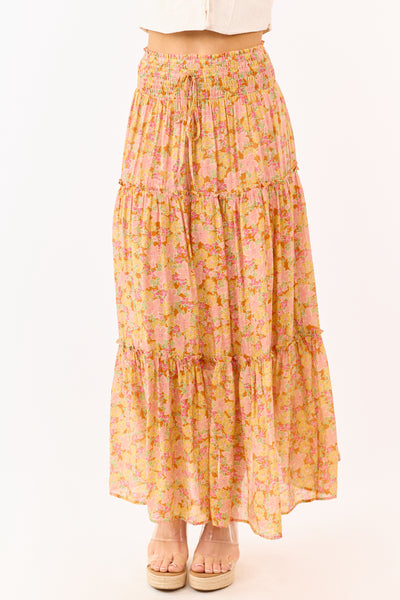 Tangerine Floral Print Tiered Maxi Skirt