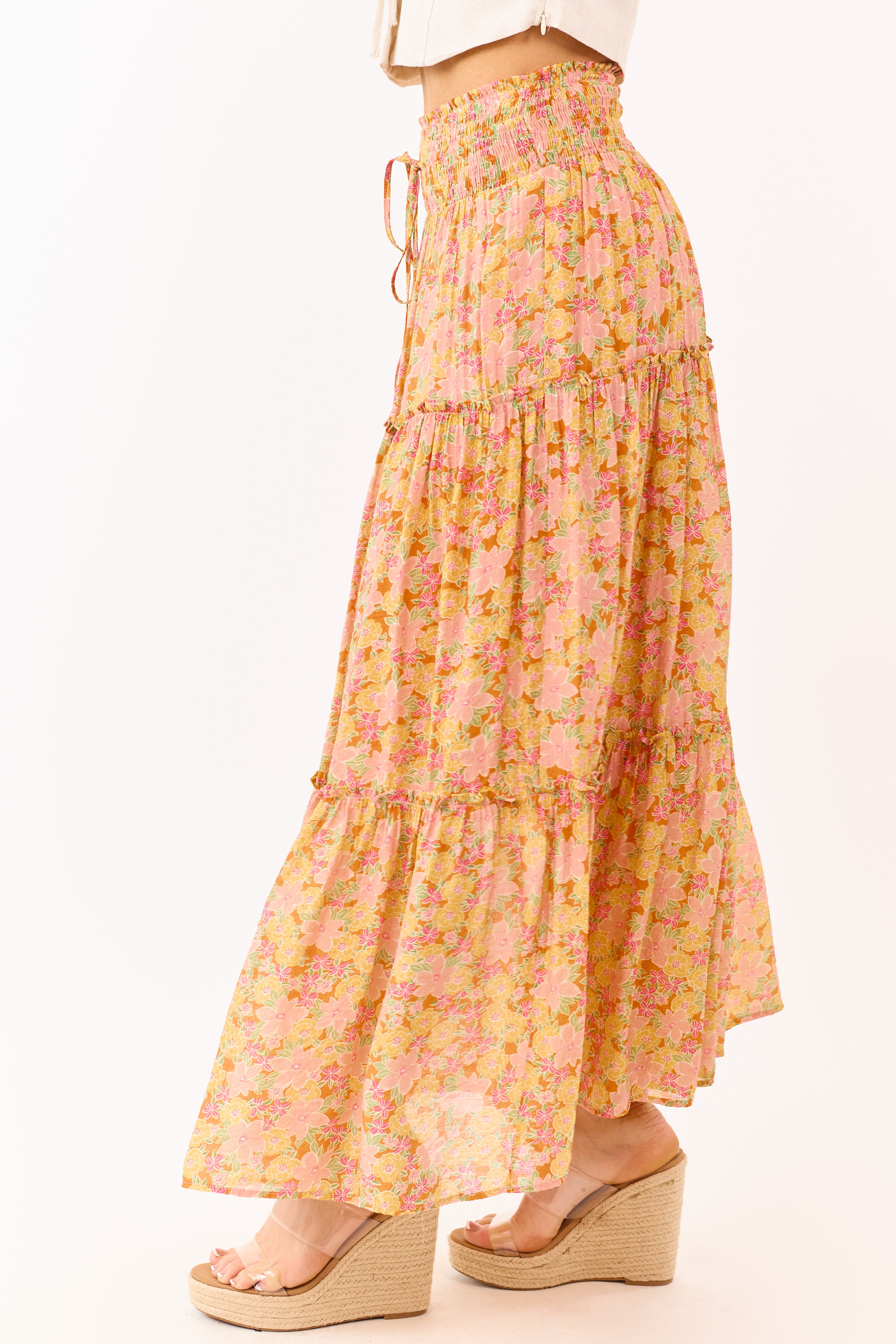Tangerine Floral Print Tiered Maxi Skirt