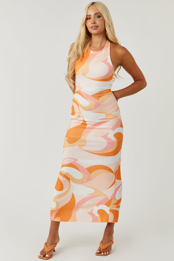 Tangerine Groovy Print Sleeveless Knit Midi Dress
