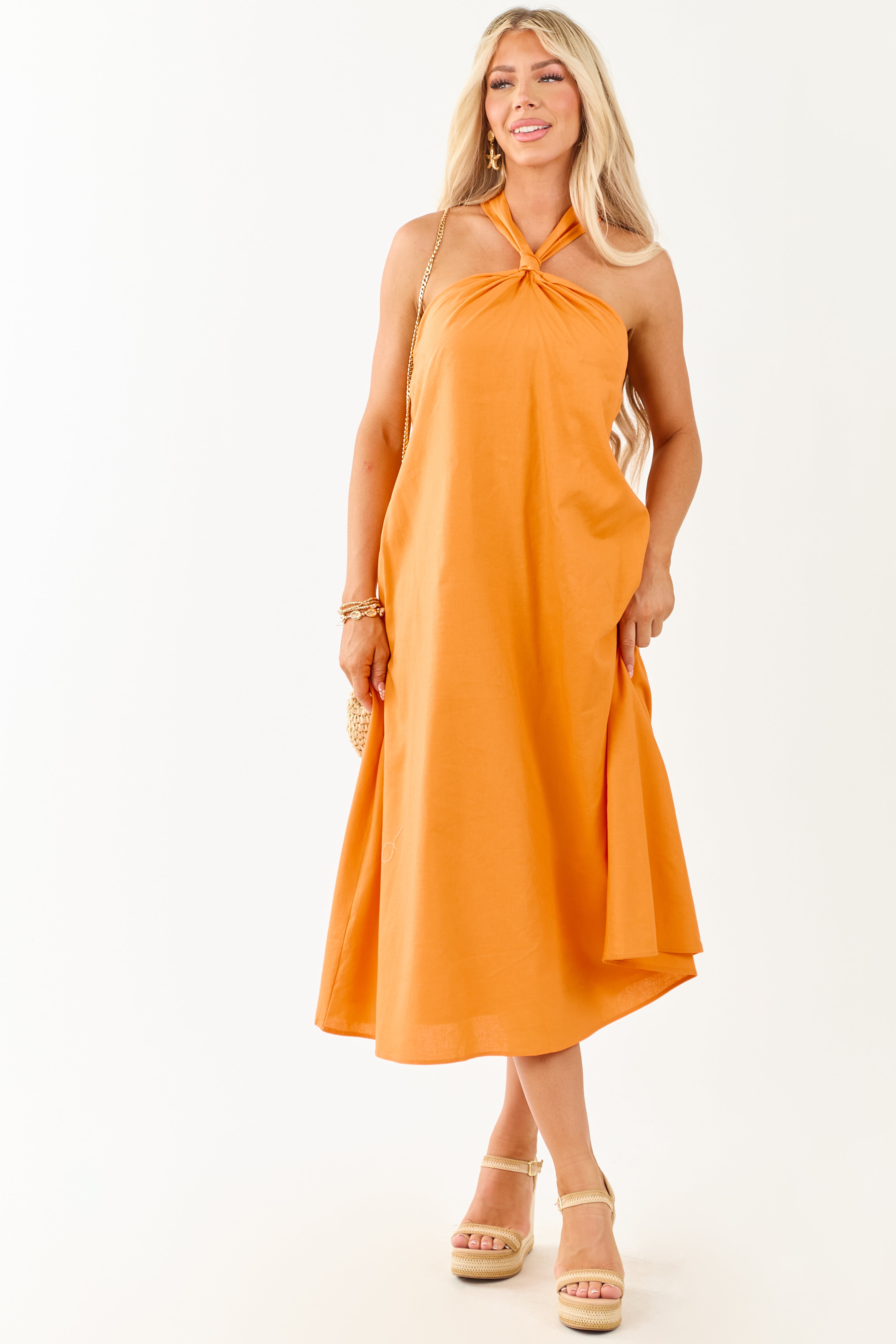Tangerine Halter Knot Tie Linen Blend Midi Dress