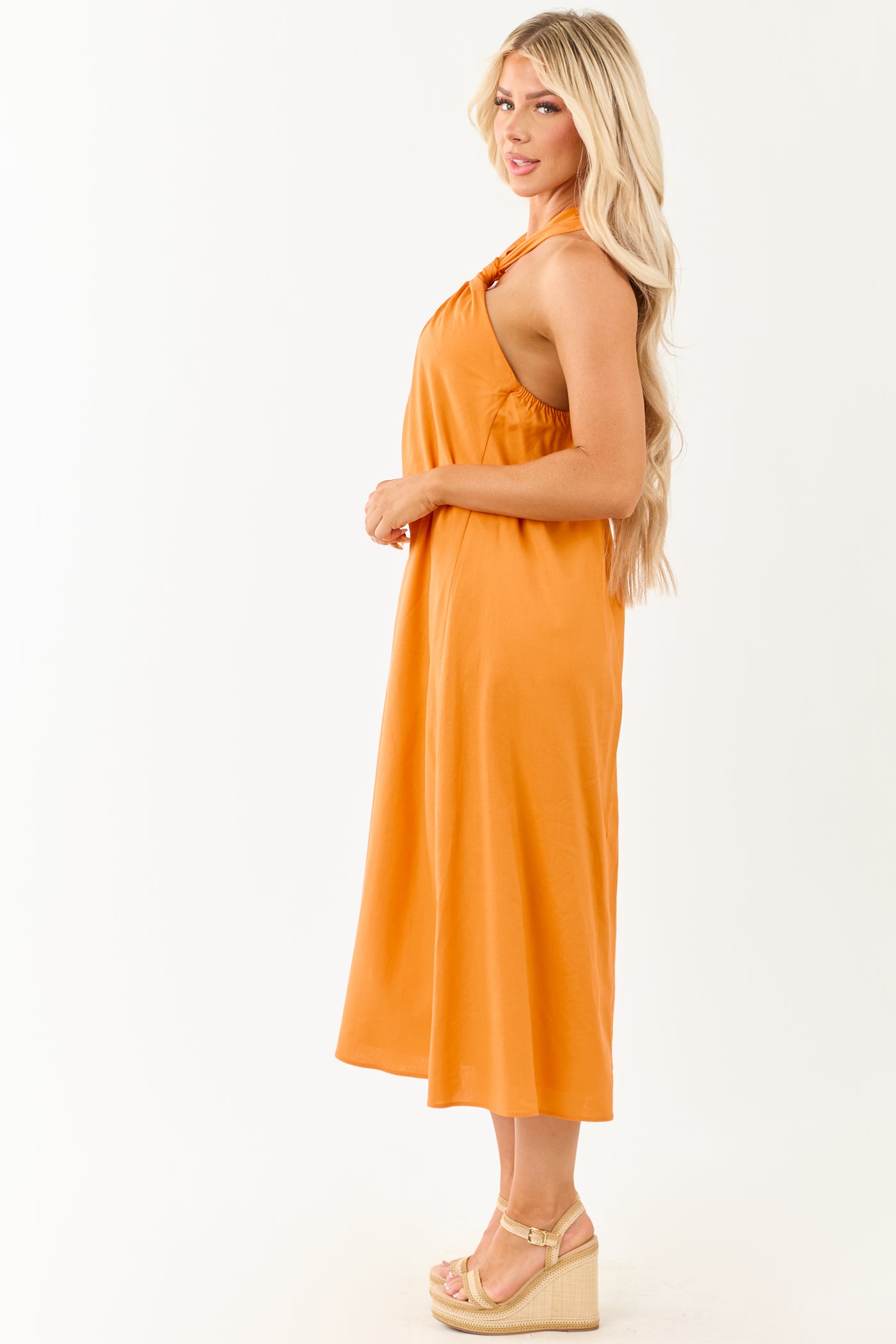 Tangerine Halter Knot Tie Linen Blend Midi Dress