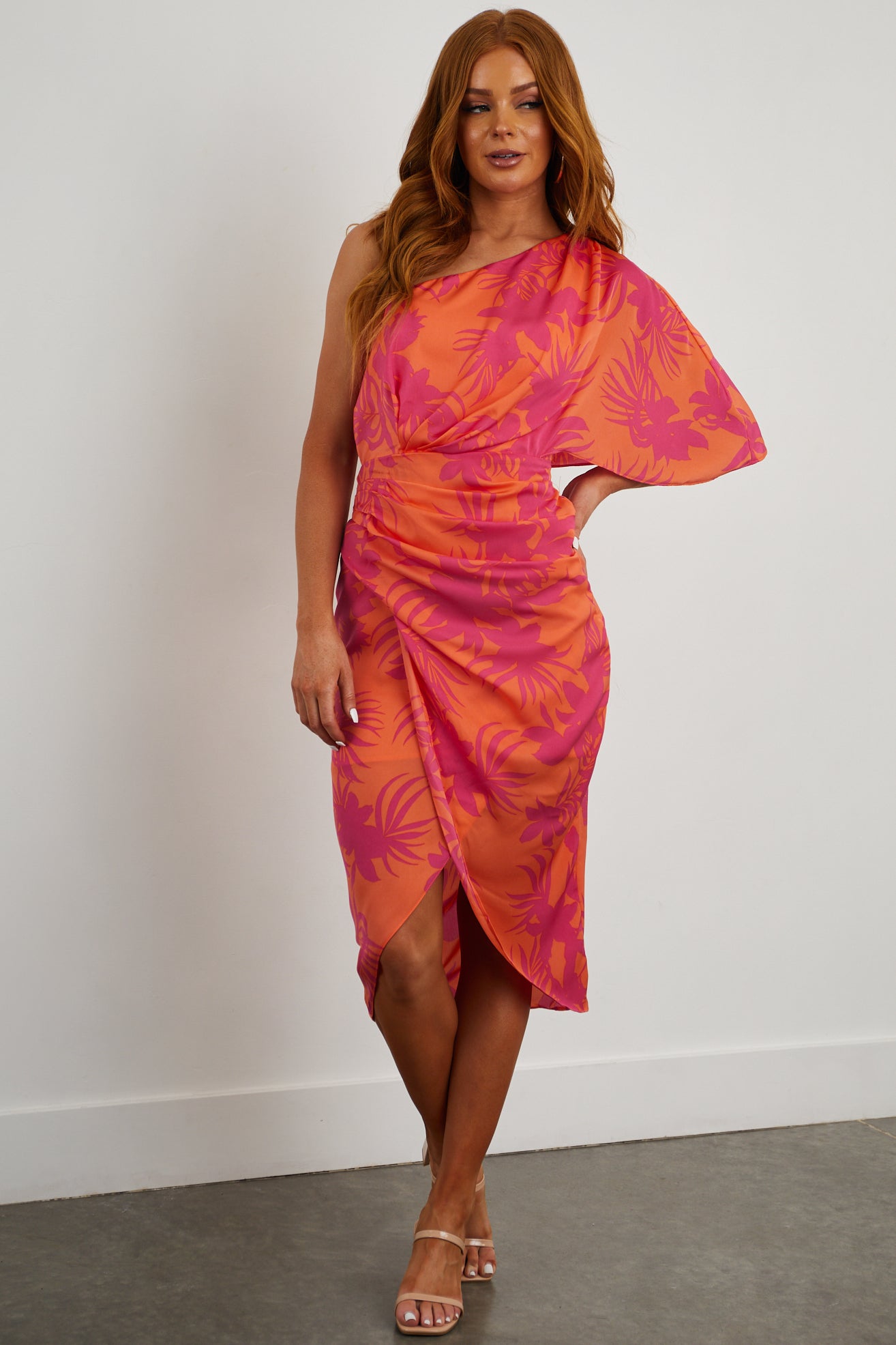 Tangerine Tropical One Shoulder Wrap Dress