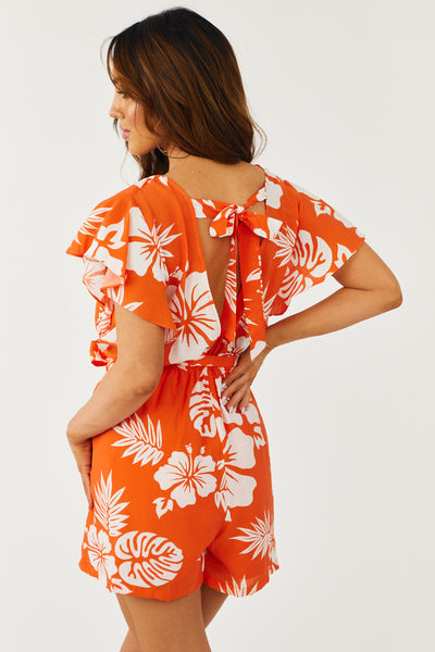 Tangerine Tropical Print Romper with Waist Tie