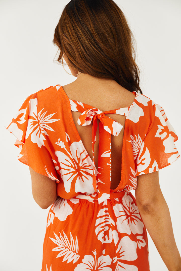 Tangerine Tropical Print Romper with Waist Tie