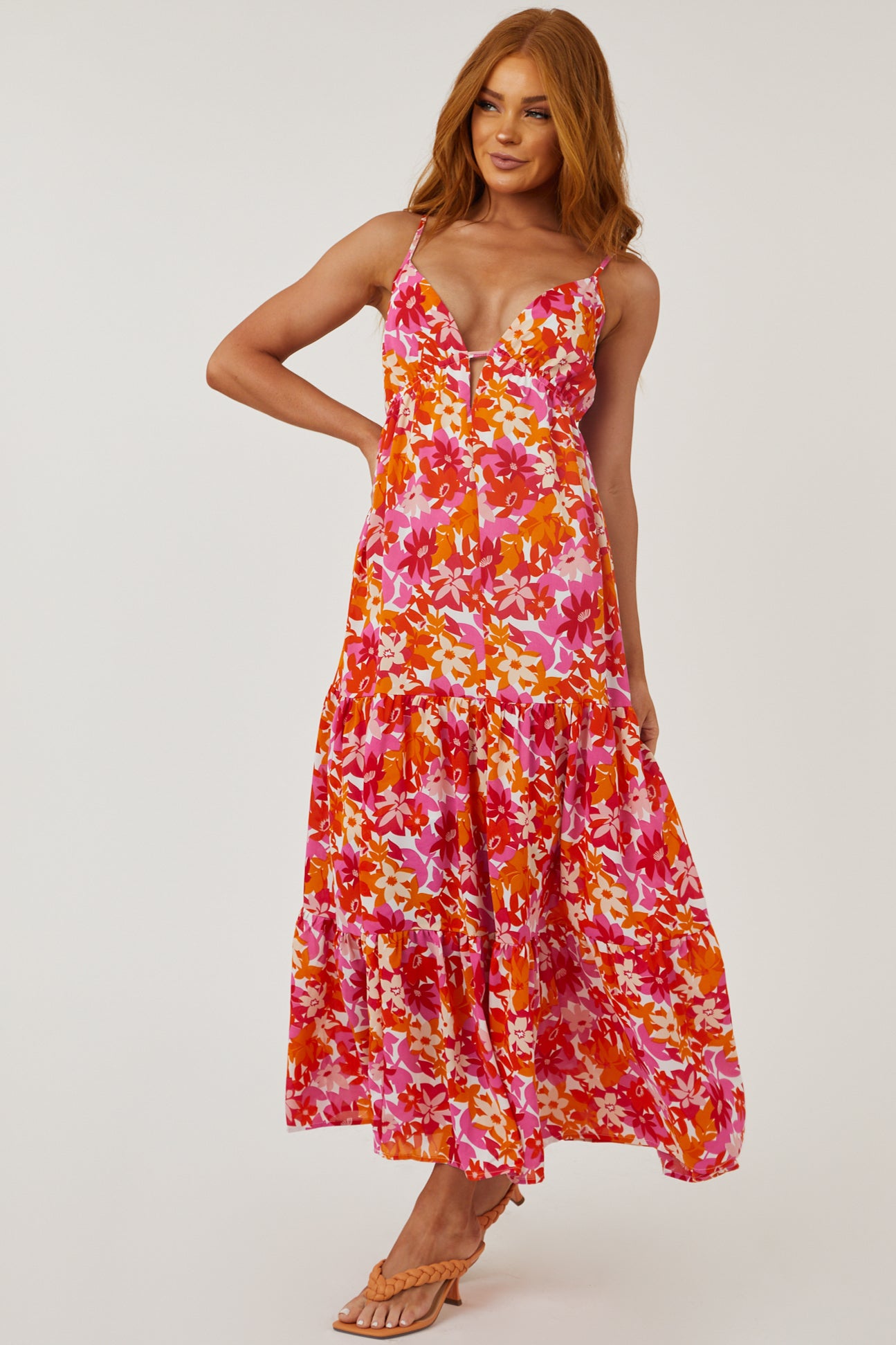 Tangerine and Fuchsia Floral Deep V Maxi Dress