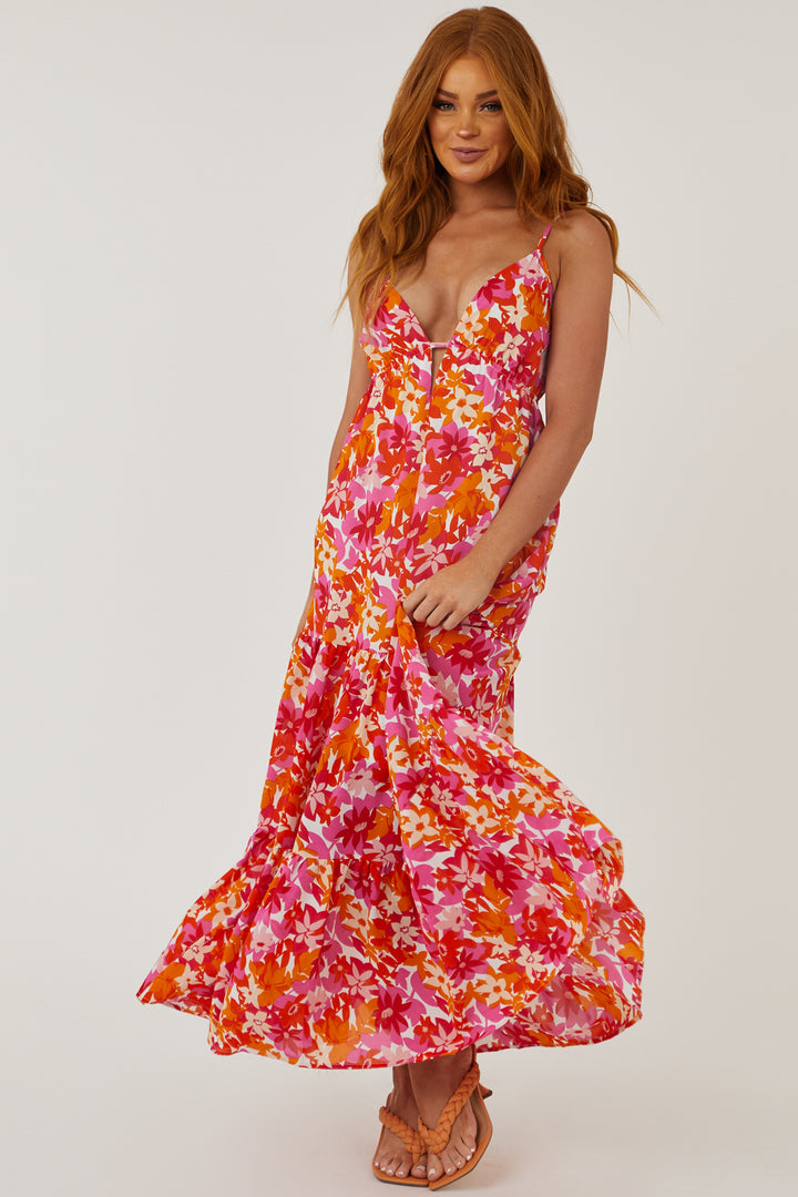Tangerine and Fuchsia Floral Deep V Maxi Dress