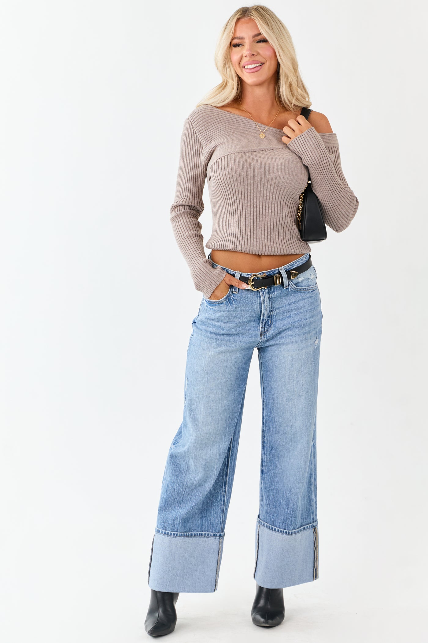 Taupe Asymmetrical Off Shoulder Ribbed Knit Sweater