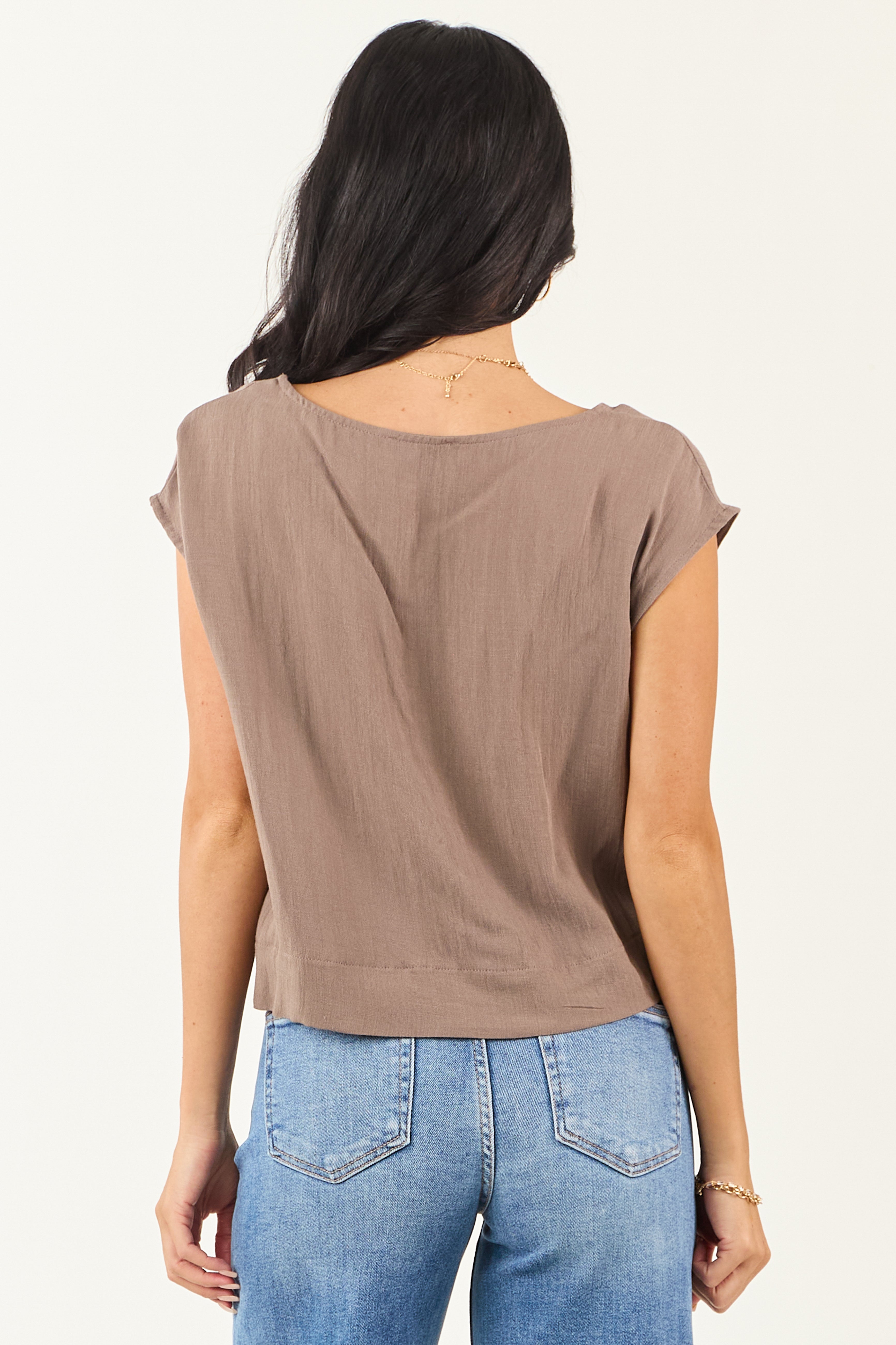 Taupe Cap Sleeve Round Neck Boxy Fit Top