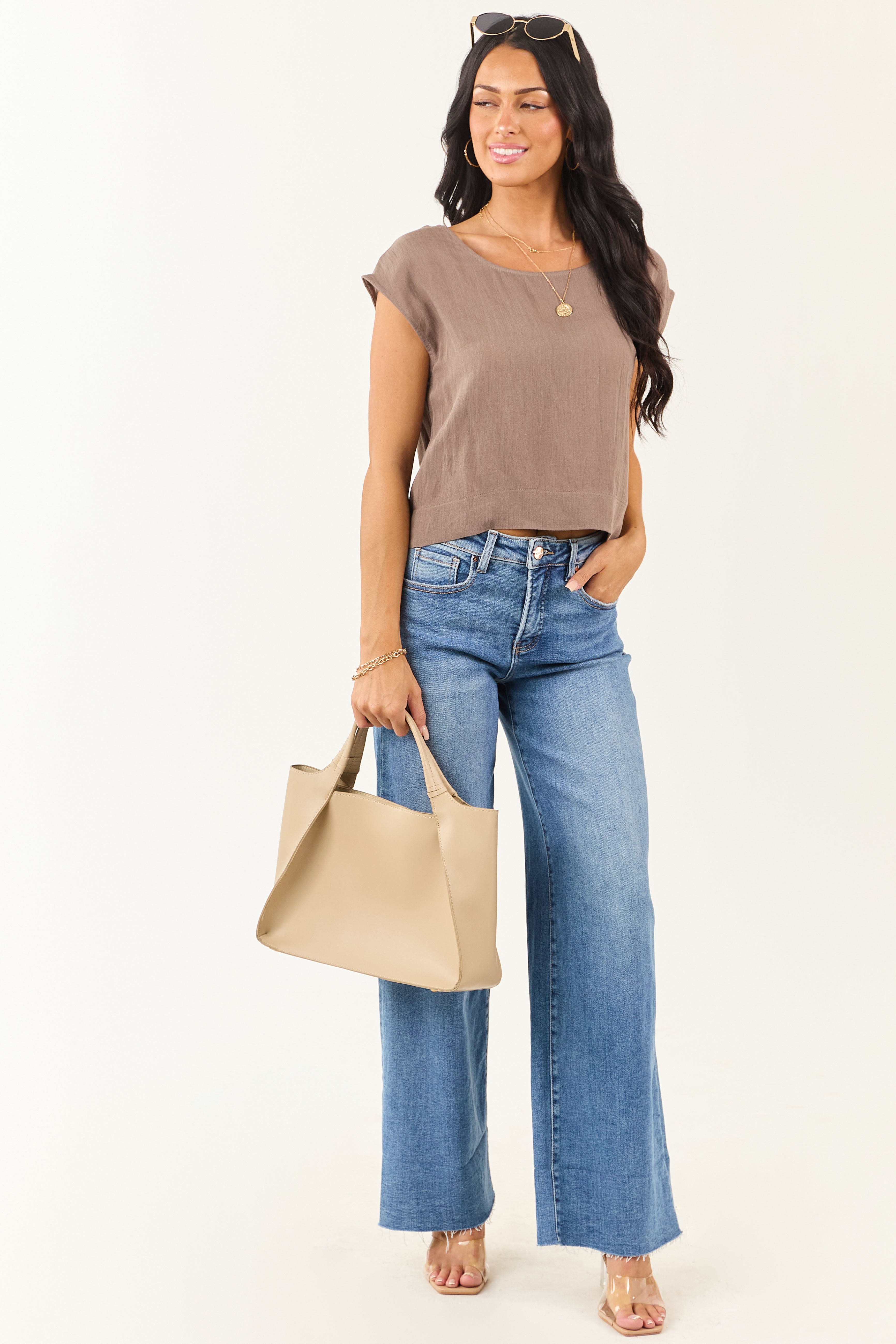 Taupe Cap Sleeve Round Neck Boxy Fit Top