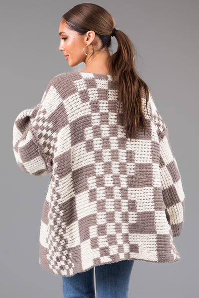 Taupe Checkered Chunky Knit Cardigan