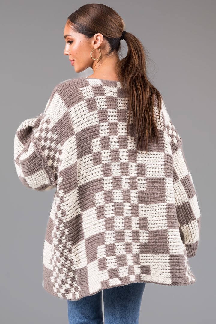Taupe Checkered Chunky Knit Cardigan