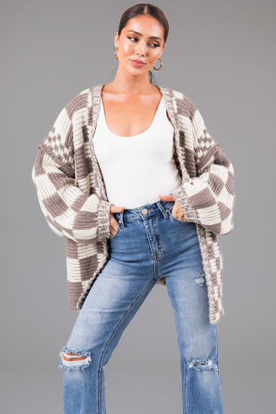 Taupe Checkered Chunky Knit Cardigan